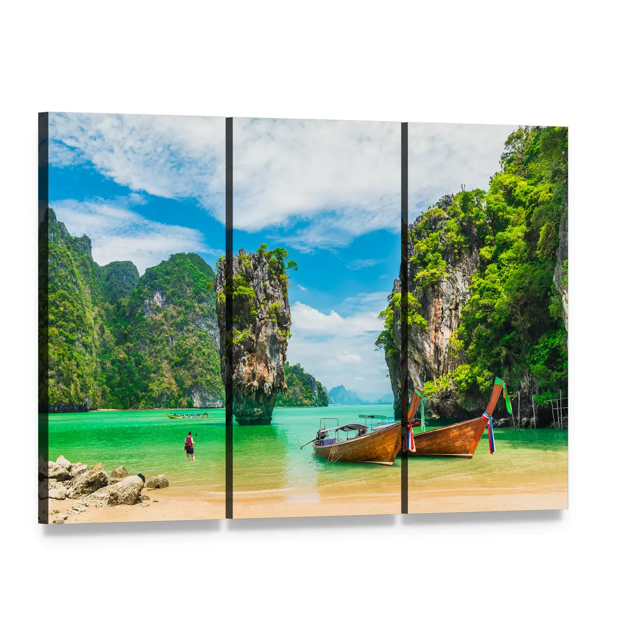 Phuket Beach with Longtail Boats Canvas Wall Art, 3 panel 3 Horizontal layout gallery wrapped canvas set, angled product view