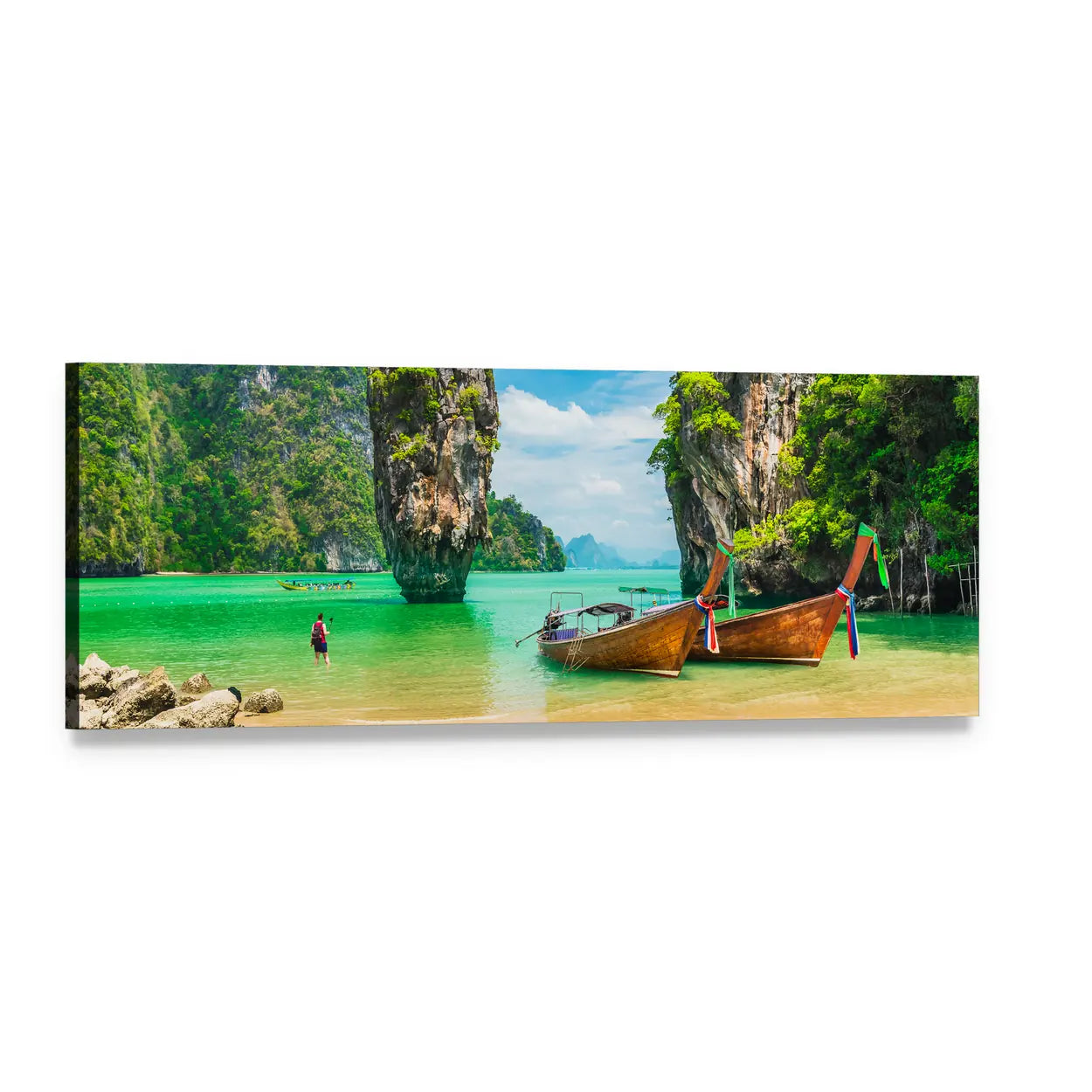 Phuket Island Turquoise Bay with Longtail Boats Panoramic Canvas Wall Art, single panel gallery wrapped canvas, angled product view