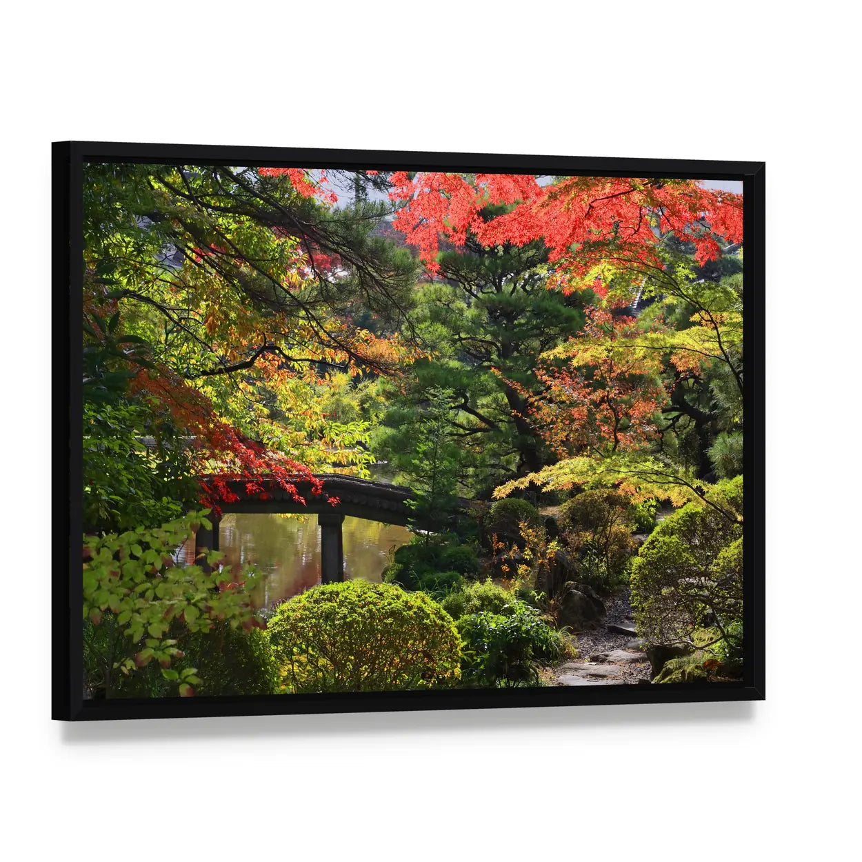 Rinoji Temple Garden Canvas Wall Art, framed canvas in a black floater frame, angled product view