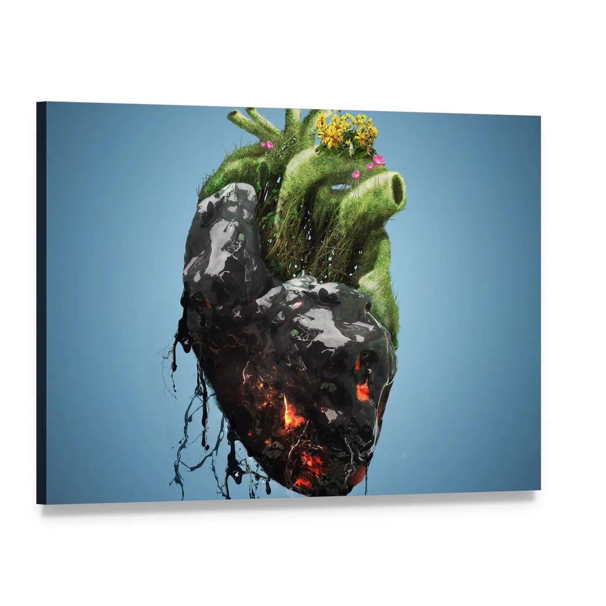 Anatomical Heart with Moss and Molten Rock Canvas Wall Art, single panel gallery wrapped canvas, angled product view