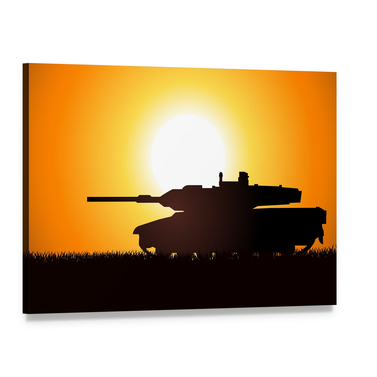 Tank Silhouette at Sunset Canvas Wall Art, single panel gallery wrapped canvas, angled product view