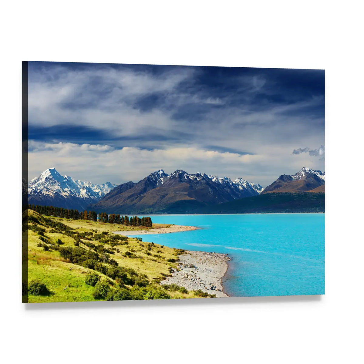 Mount Cook and Pukaki Lake Canvas Wall Art, single panel gallery wrapped canvas, angled product view