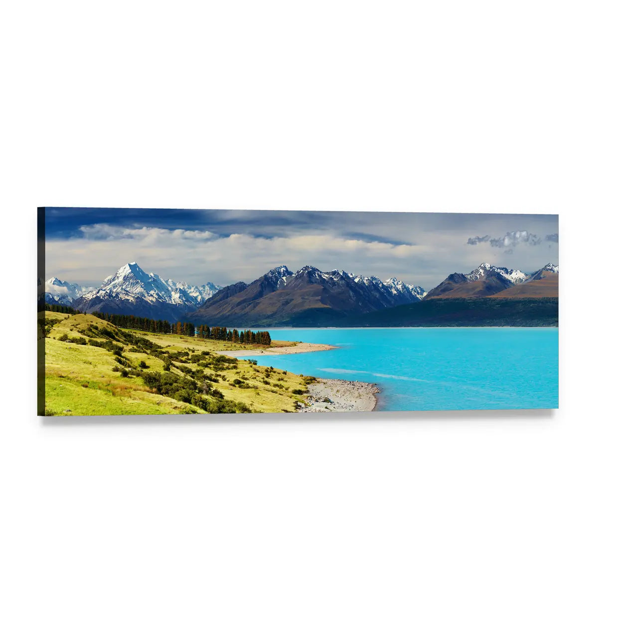 Turquoise Glacial Lake and Snow-capped Peaks Panoramic Canvas Wall Art, single panel gallery wrapped canvas, angled product view