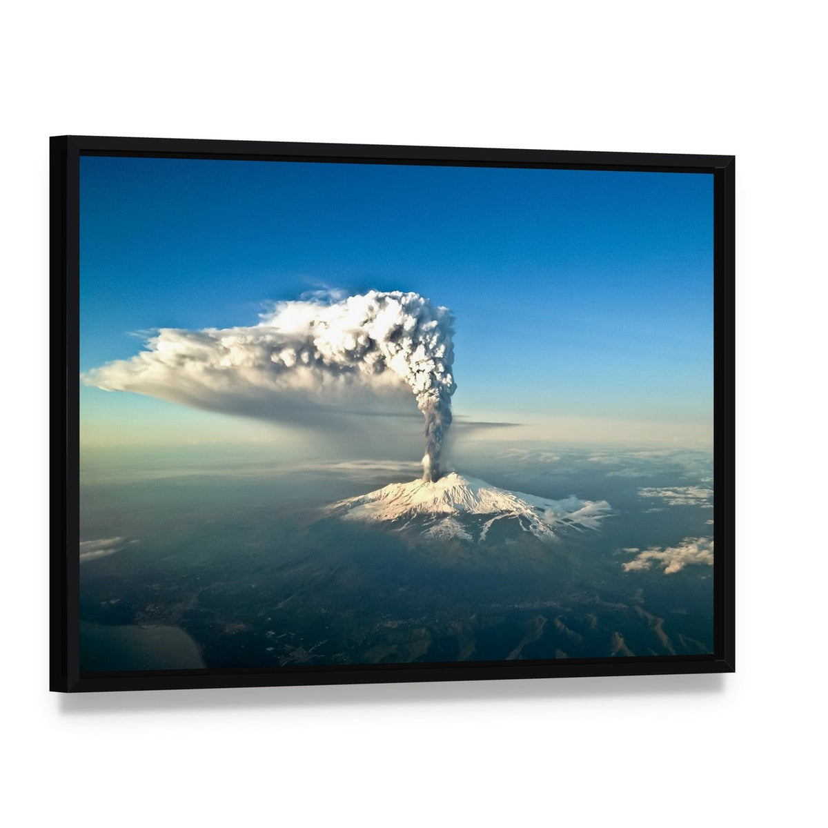 Mount Etna Eruption Canvas Wall Art, framed canvas in a black floater frame, angled product view