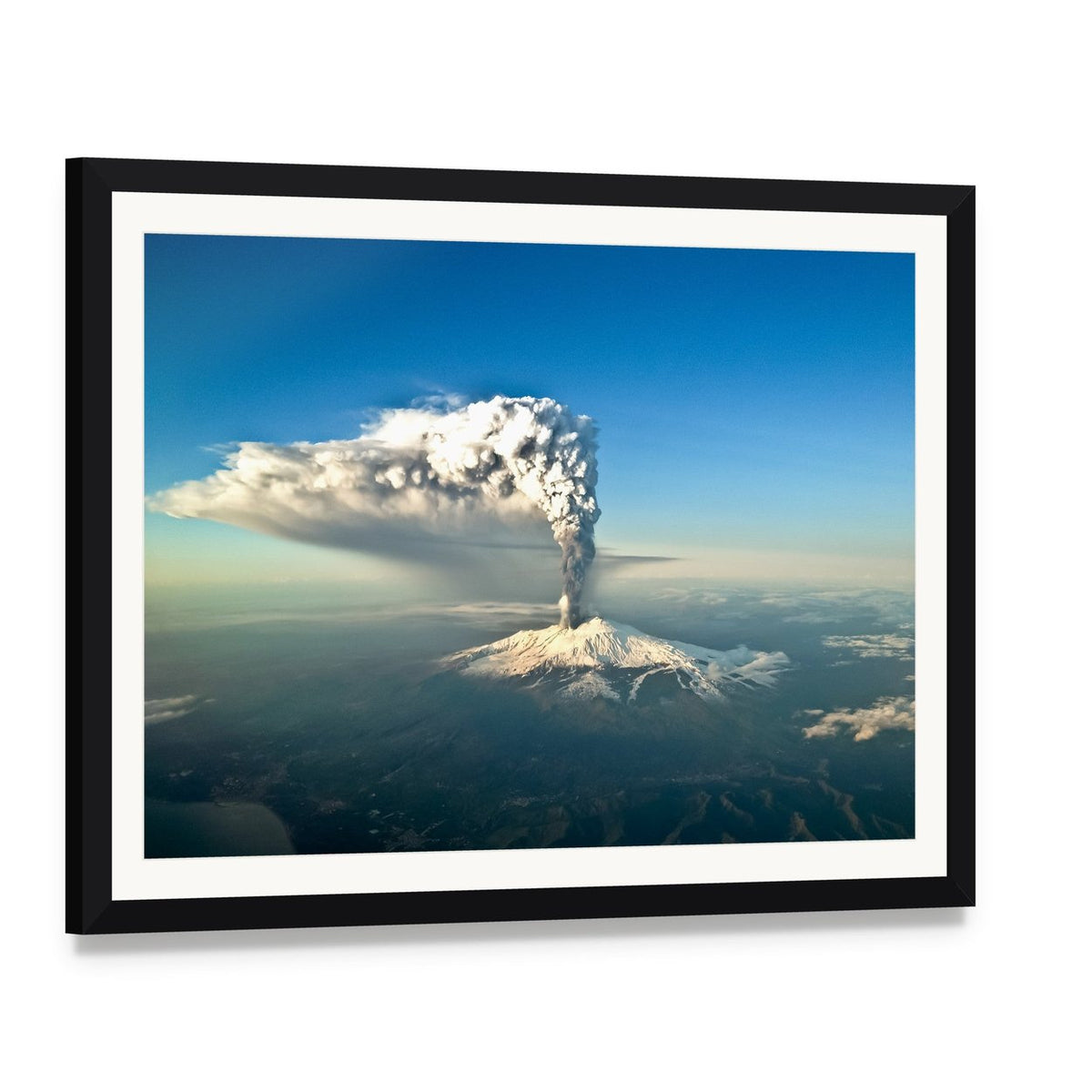 Mount Etna Eruption Canvas Wall Art, framed print with white mat and black frame, angled product view