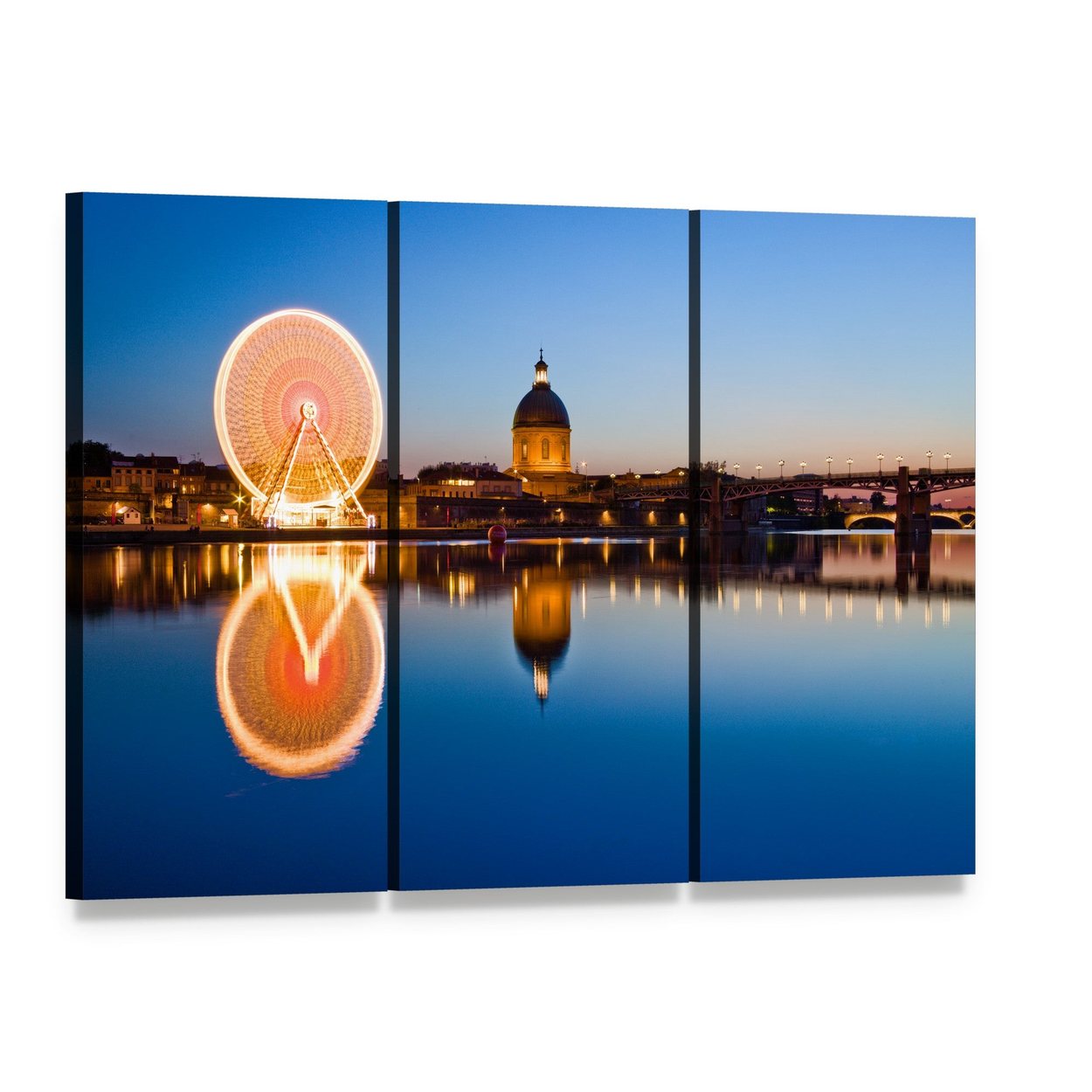 Toulouse Ferris Wheel at Twilight Canvas Wall Art, 3 panel 3 Horizontal layout gallery wrapped canvas set, angled product view