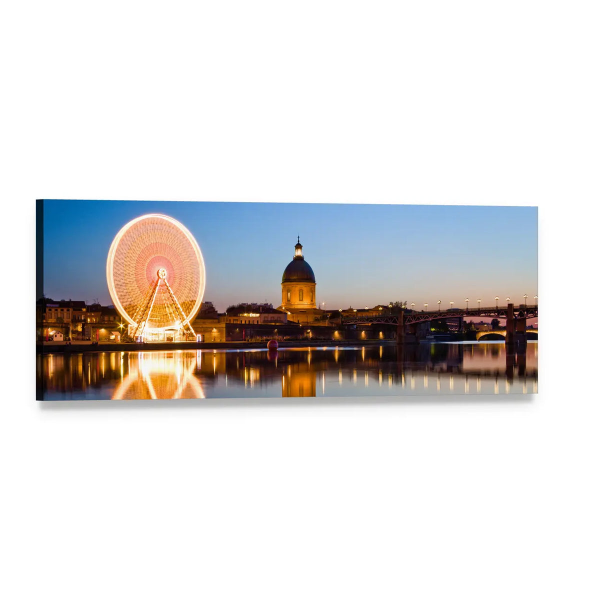 Illuminated Ferris Wheel Over River Reflections Panoramic Canvas Wall Art, single panel gallery wrapped canvas, angled product view