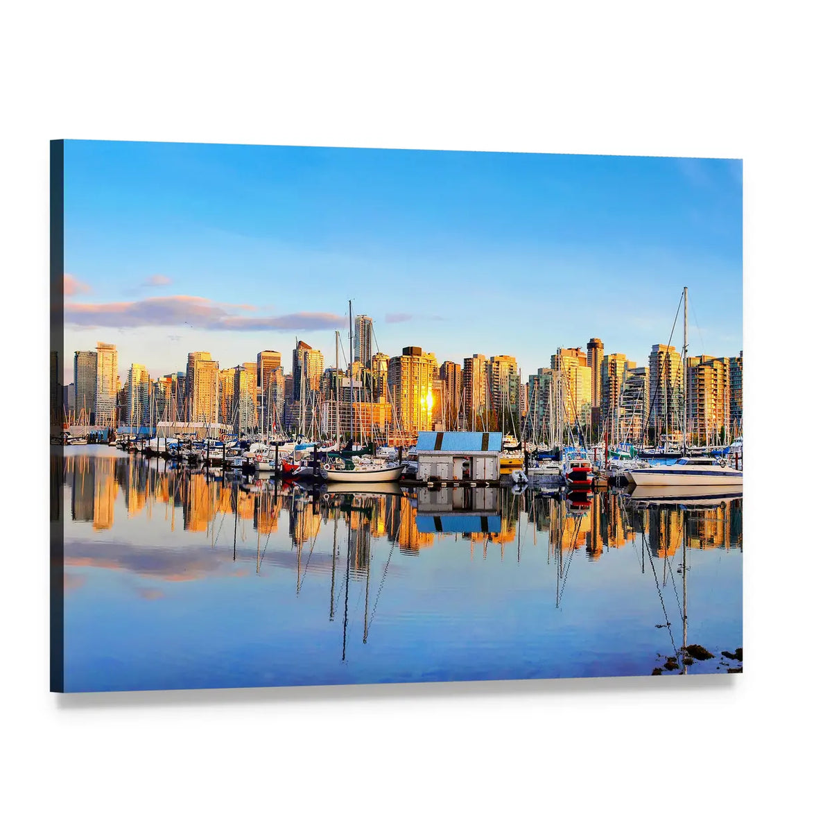 Vancouver Waterfront Skyline at Sunset Canvas Wall Art, single panel gallery wrapped canvas, angled product view