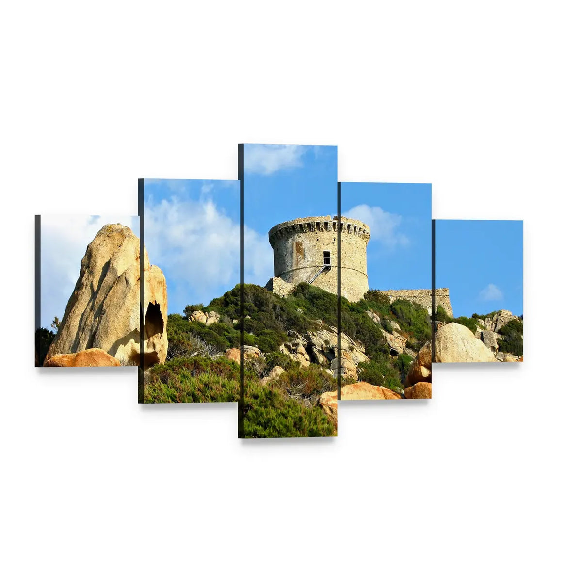 Genoese Tower in Corsica Canvas Wall Art, 5 panel 5 Star layout gallery wrapped canvas set, angled product view