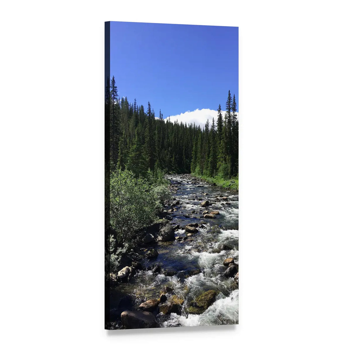 Whitewater Mountain Stream in Pine Forest Vertical Canvas Wall Art, 1 panel 1 Vertical layout gallery wrapped canvas set, angled product view