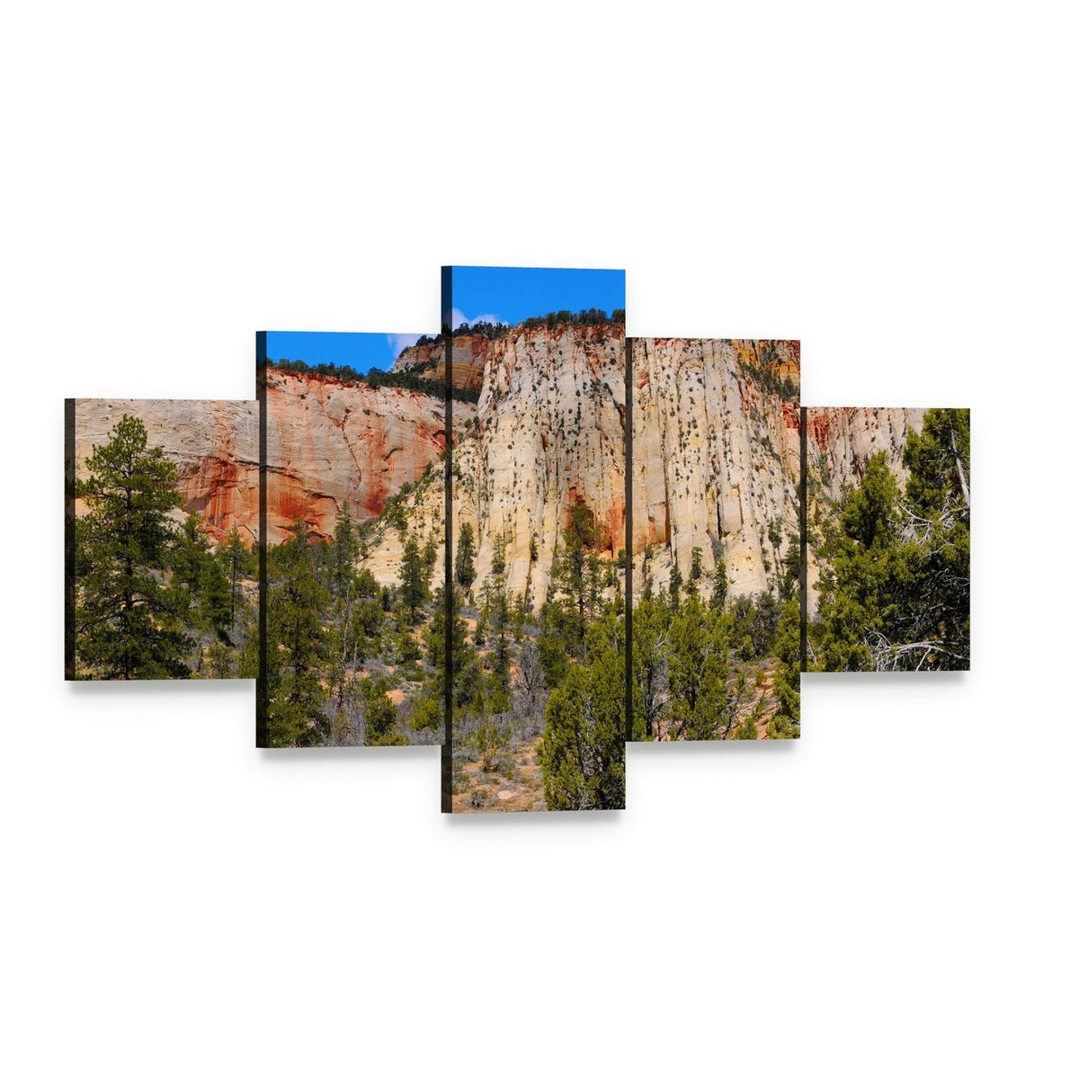 Zion National Park Layered Rock Formations Canvas Wall Art, 5 panel 5 Star layout gallery wrapped canvas set, angled product view
