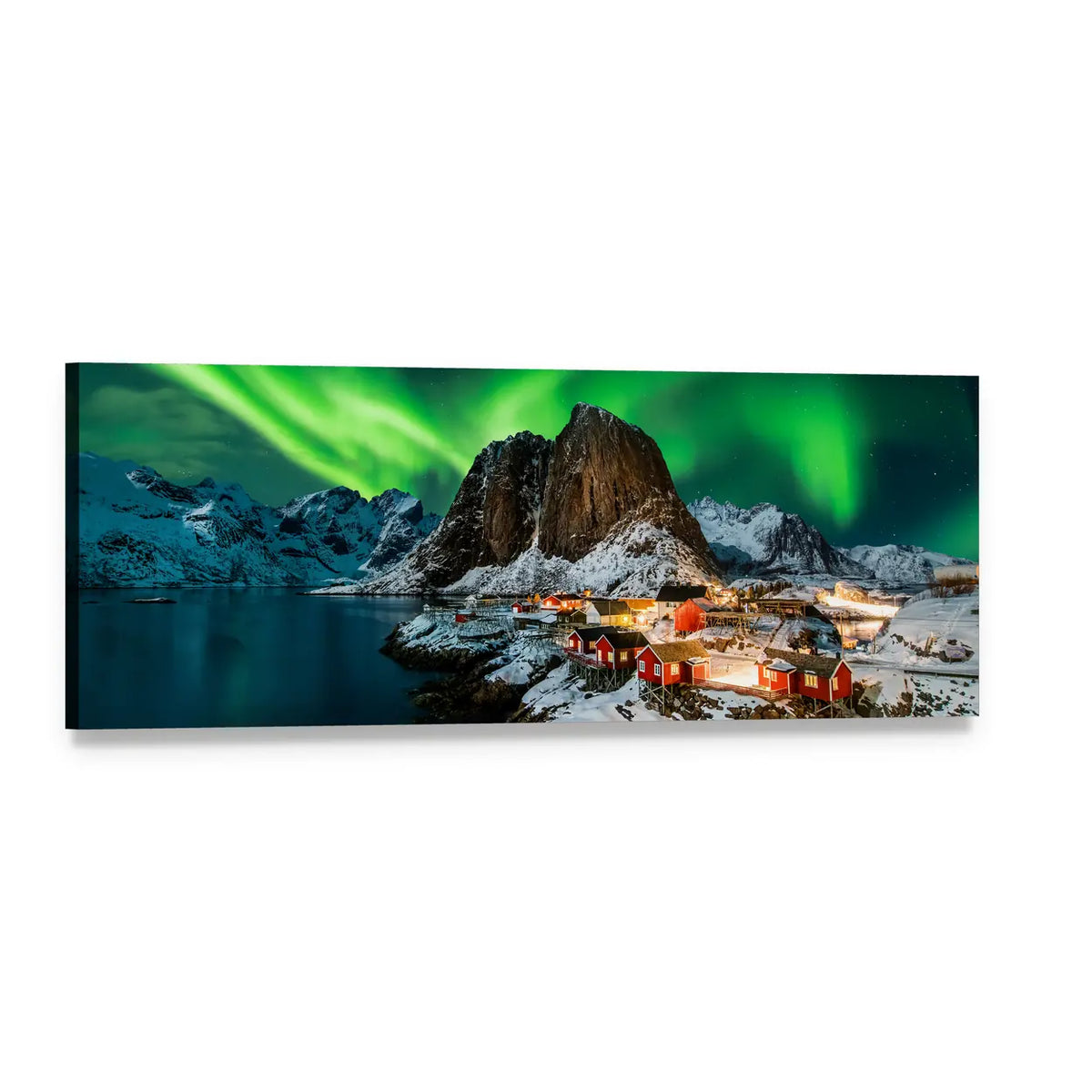 Aurora Borealis Over Norwegian Fjord Panoramic Canvas Wall Art, single panel gallery wrapped canvas, angled product view
