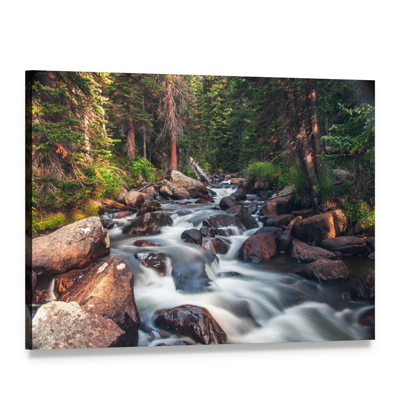 Dreamy Mountain Stream Canvas Wall Art, single panel gallery wrapped canvas, angled product view