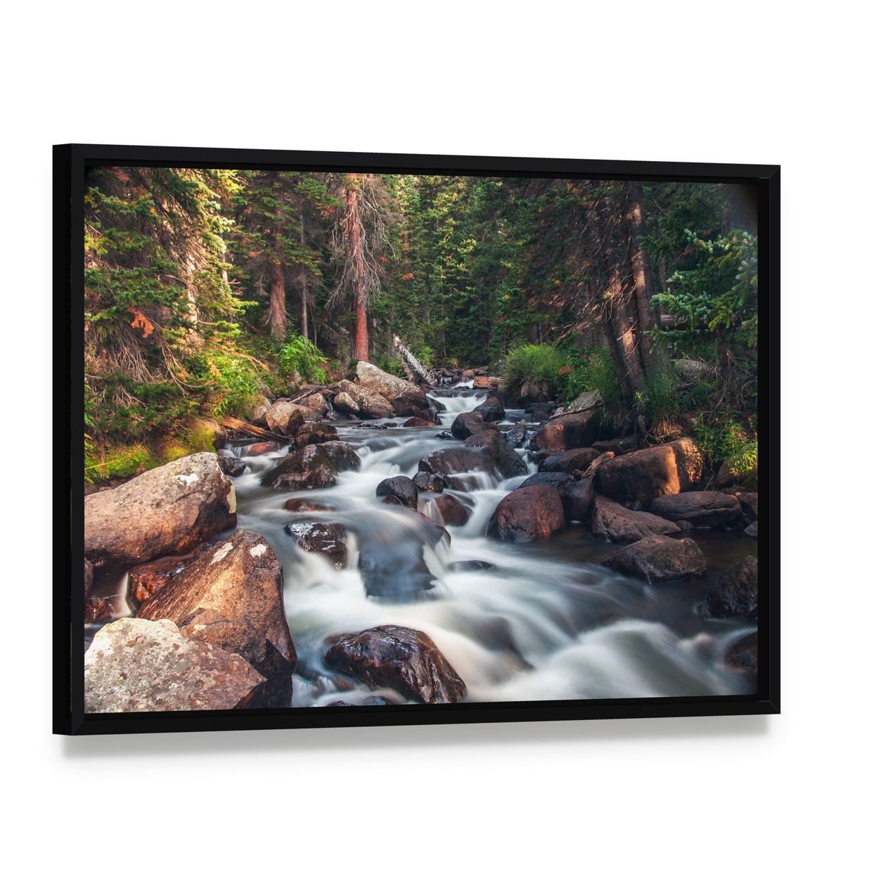 Dreamy Mountain Stream Canvas Wall Art, framed canvas in a black floater frame, angled product view