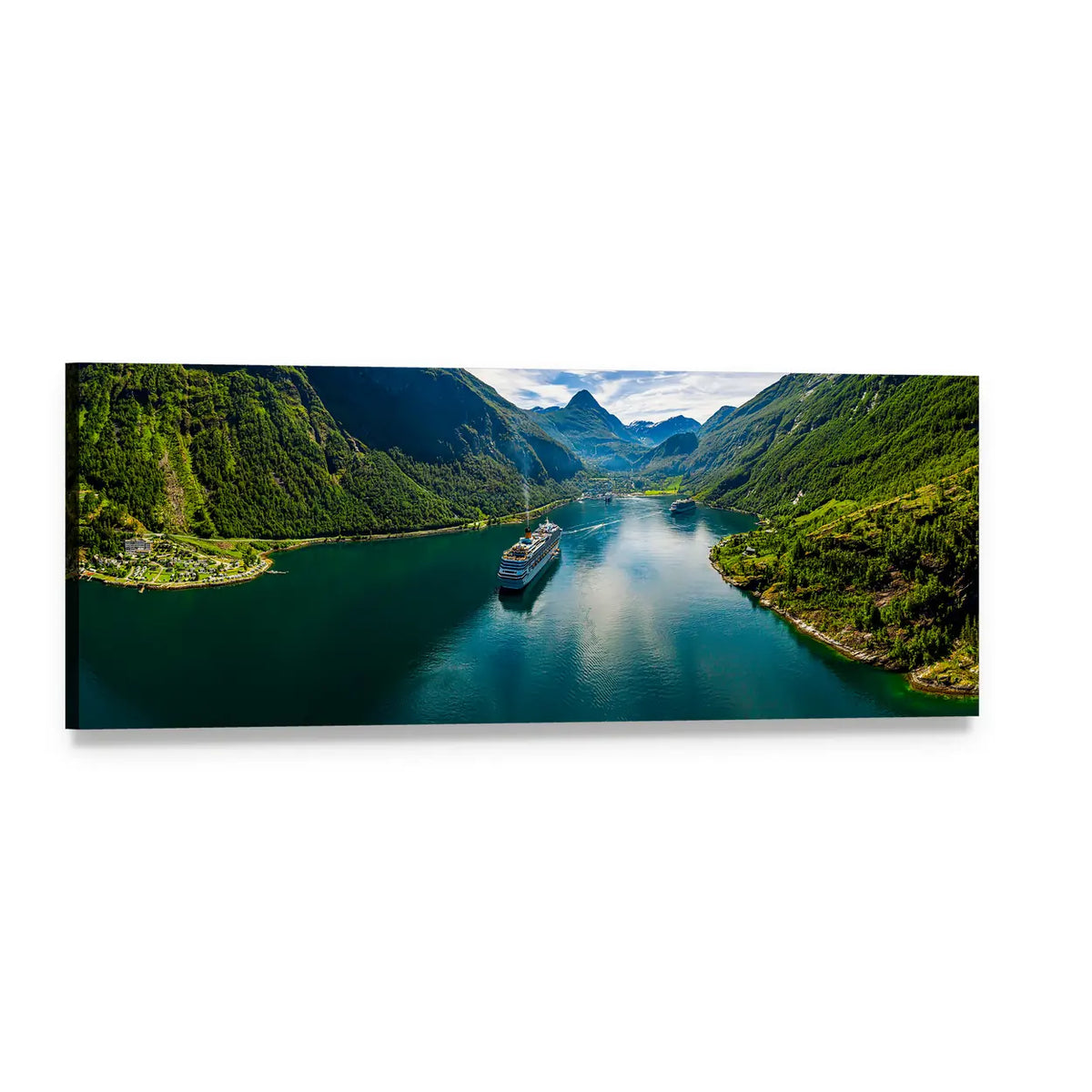 Aerial View of Geiranger Fjord Panoramic Canvas Wall Art, single panel gallery wrapped canvas, angled product view