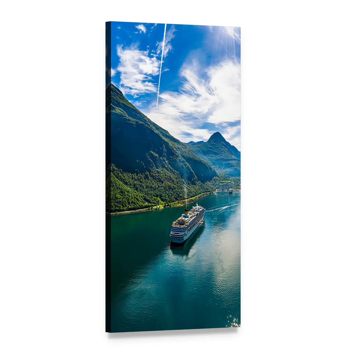 Cruise Ship in Geiranger Fjord, Norway Vertical Canvas Wall Art, 1 panel 1 Vertical layout gallery wrapped canvas set, angled product view