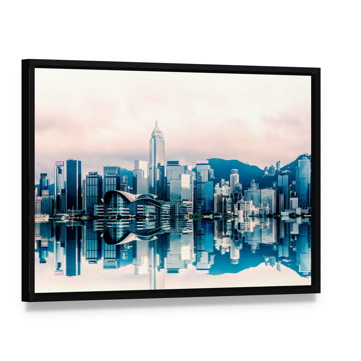 Hong Kong Cityscape At Victoria Harbour Canvas Wall Art, framed canvas in a black floater frame, angled product view