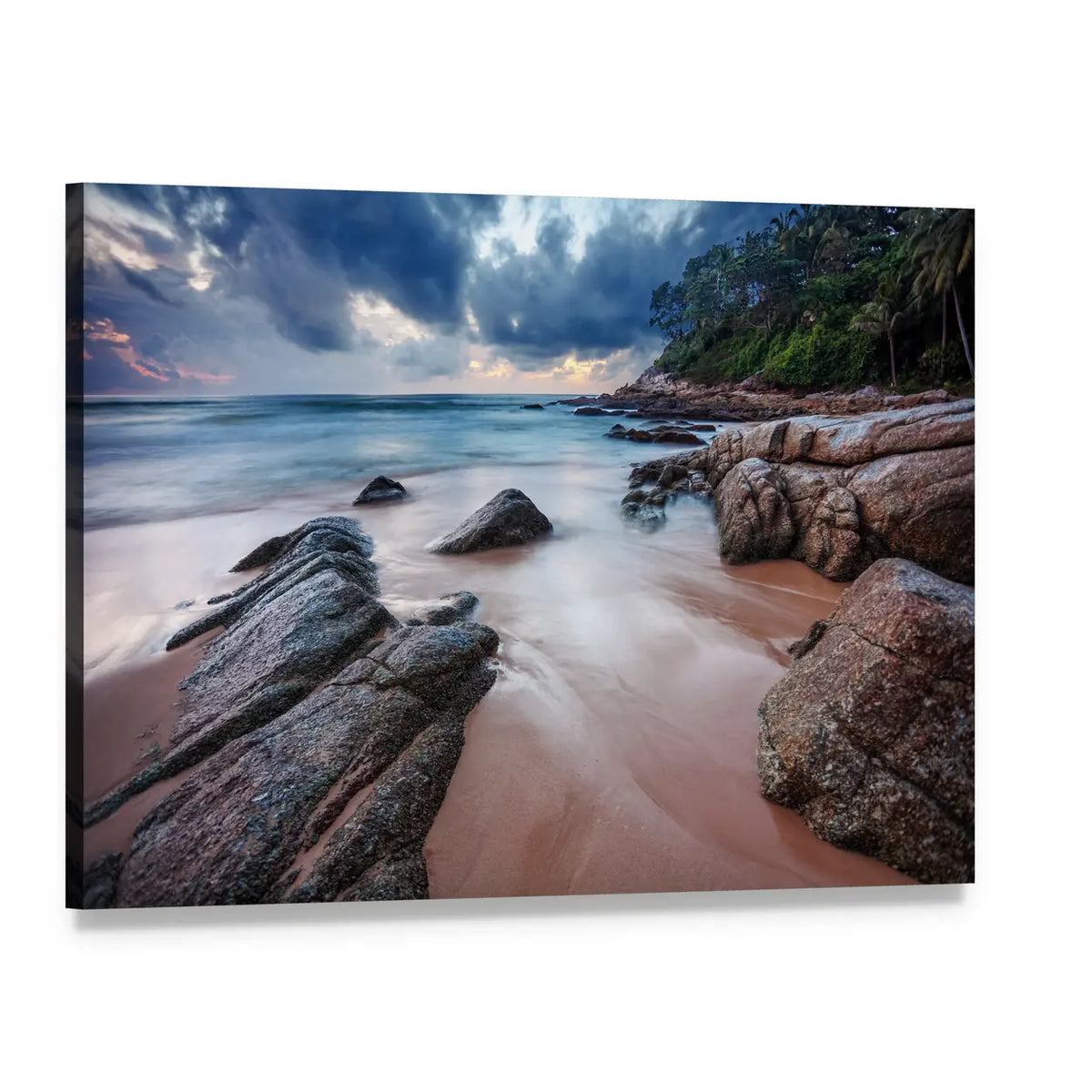 Tropical Beach at Sunset Canvas Wall Art, single panel gallery wrapped canvas, angled product view