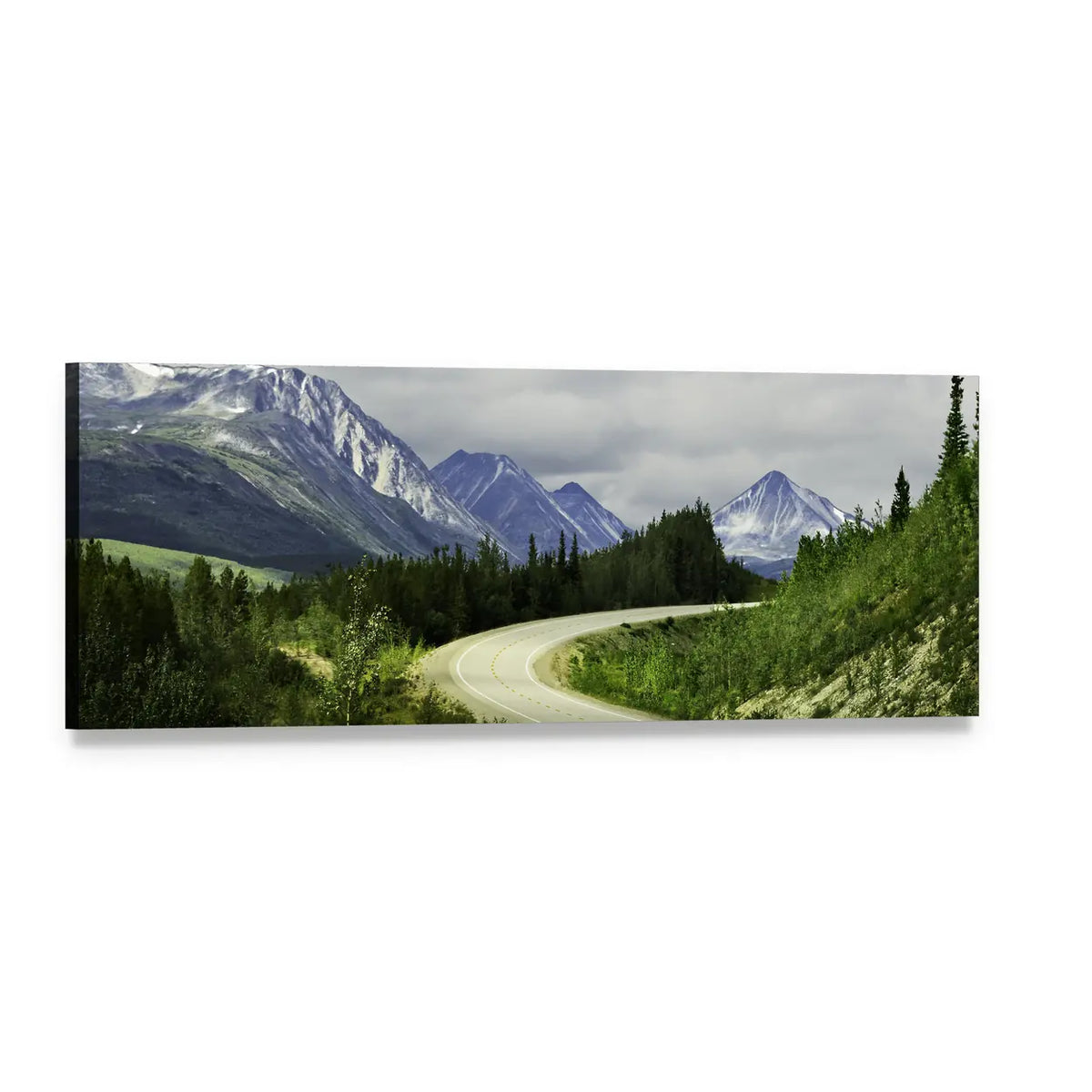 Winding Mountain Road Through Snow-capped Peaks Panoramic Canvas Wall Art, single panel gallery wrapped canvas, angled product view