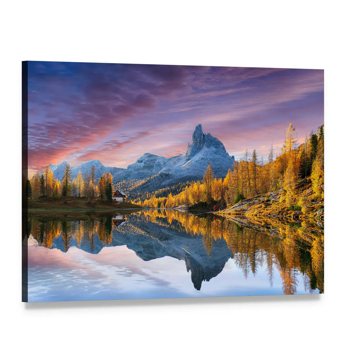 Autumn Lake in the Dolomites Canvas Wall Art, single panel gallery wrapped canvas, angled product view