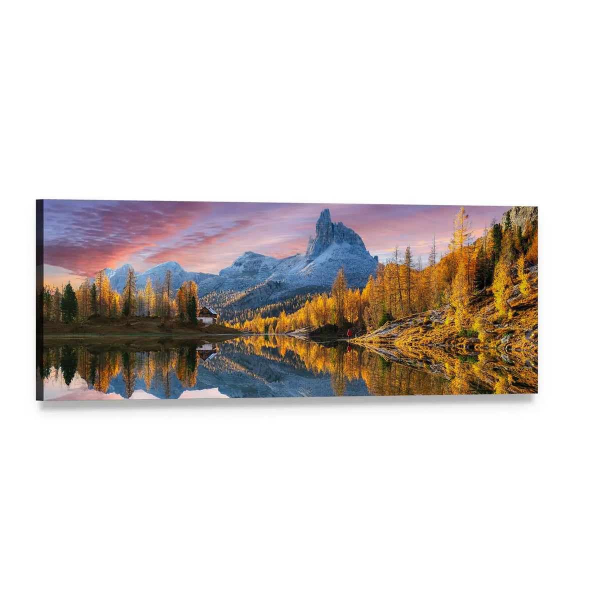 Lake Federa in Dolomites Panoramic Canvas Wall Art, single panel gallery wrapped canvas, angled product view