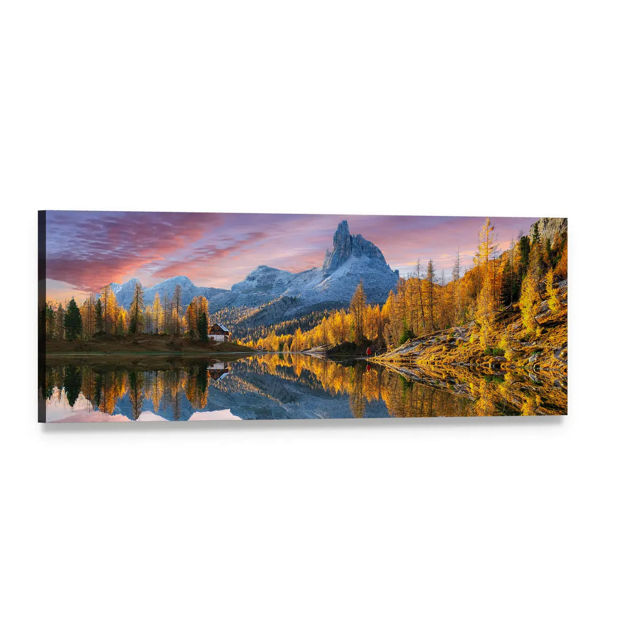 Lake Federa in Dolomites Panoramic Canvas Wall Art, single panel gallery wrapped canvas, angled product view
