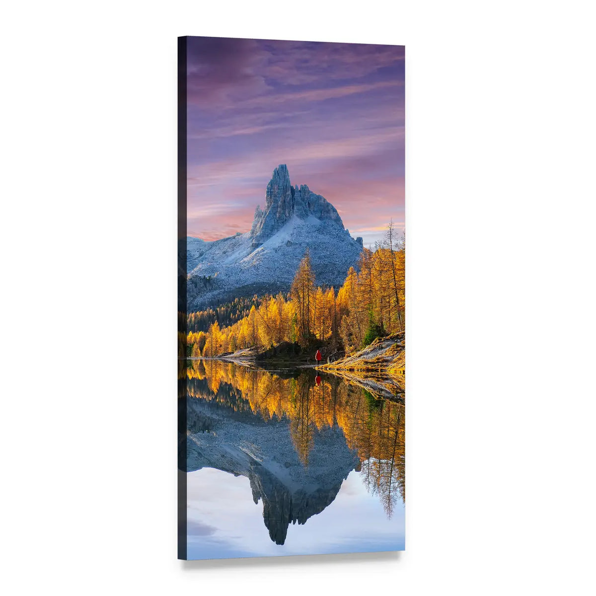 Autumn Lake Reflection with Mountain Peak Vertical Canvas Wall Art, 1 panel 1 Vertical layout gallery wrapped canvas set, angled product view