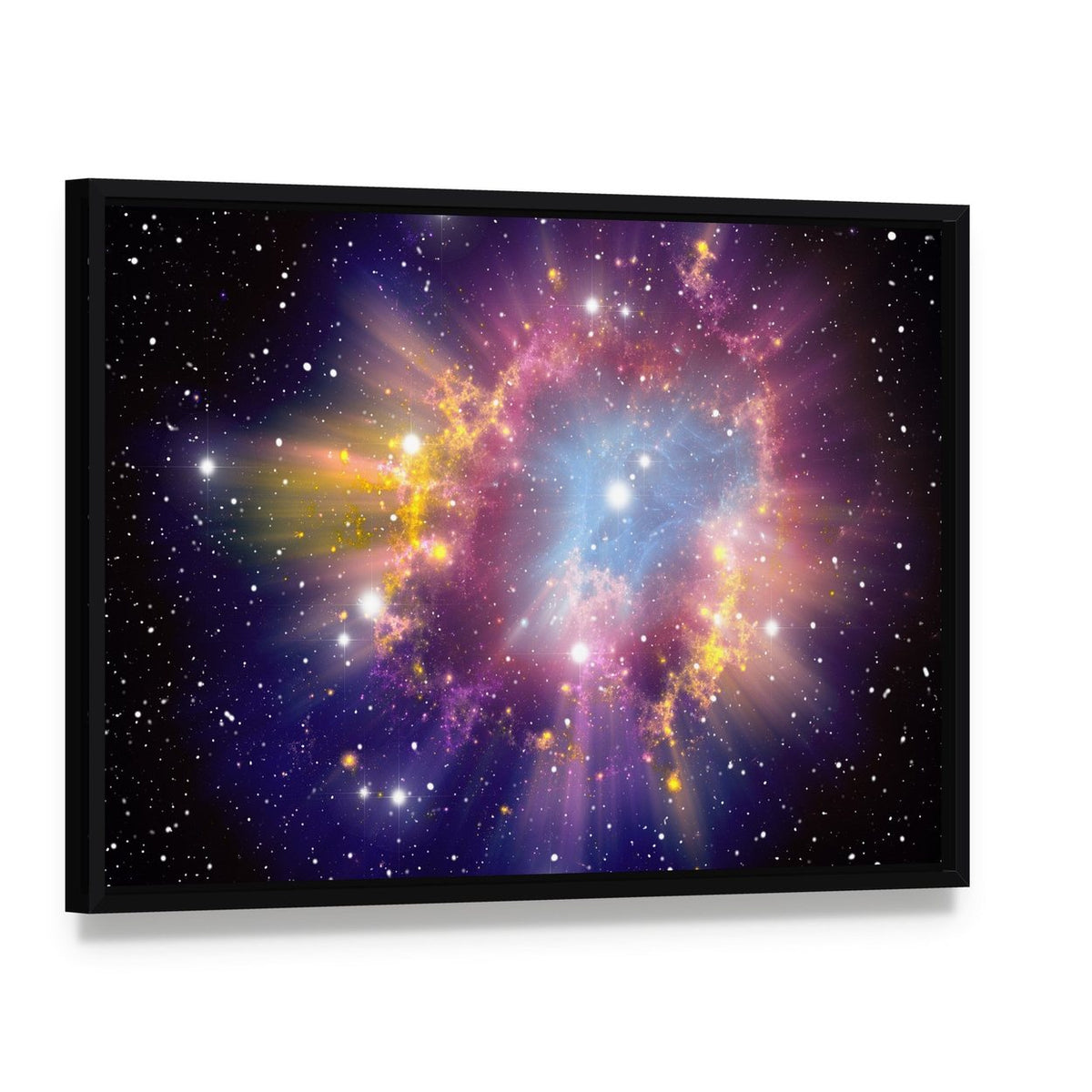 Supernova Explosion Canvas Wall Art, framed canvas in a black floater frame, angled product view