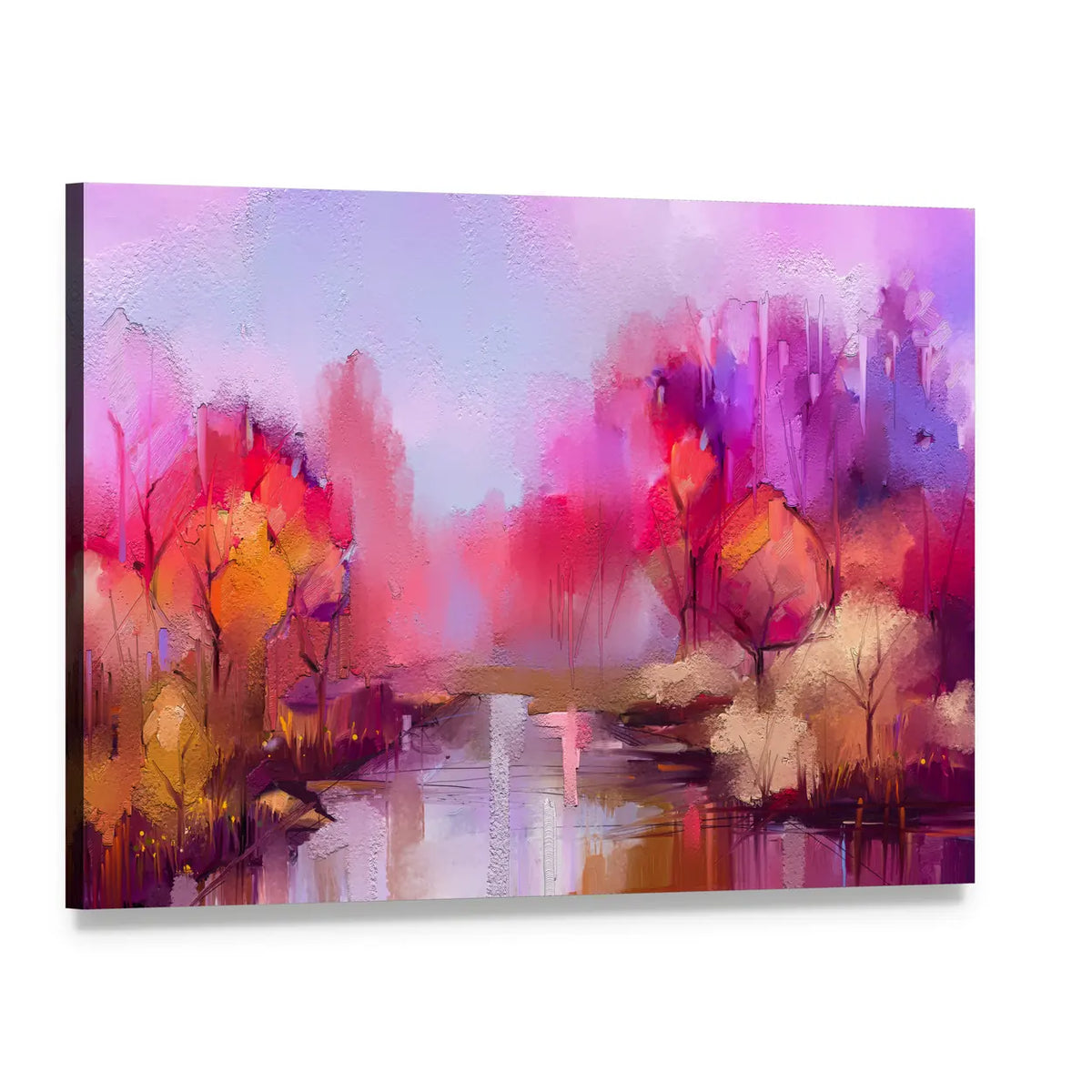 Colorful Autumn River Landscape Canvas Wall Art, single panel gallery wrapped canvas, angled product view