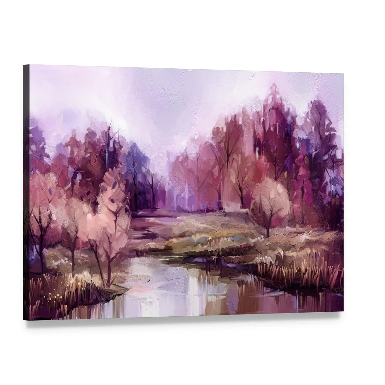 Autumn Forest Lake in Lavender Hues Canvas Wall Art, single panel gallery wrapped canvas, angled product view