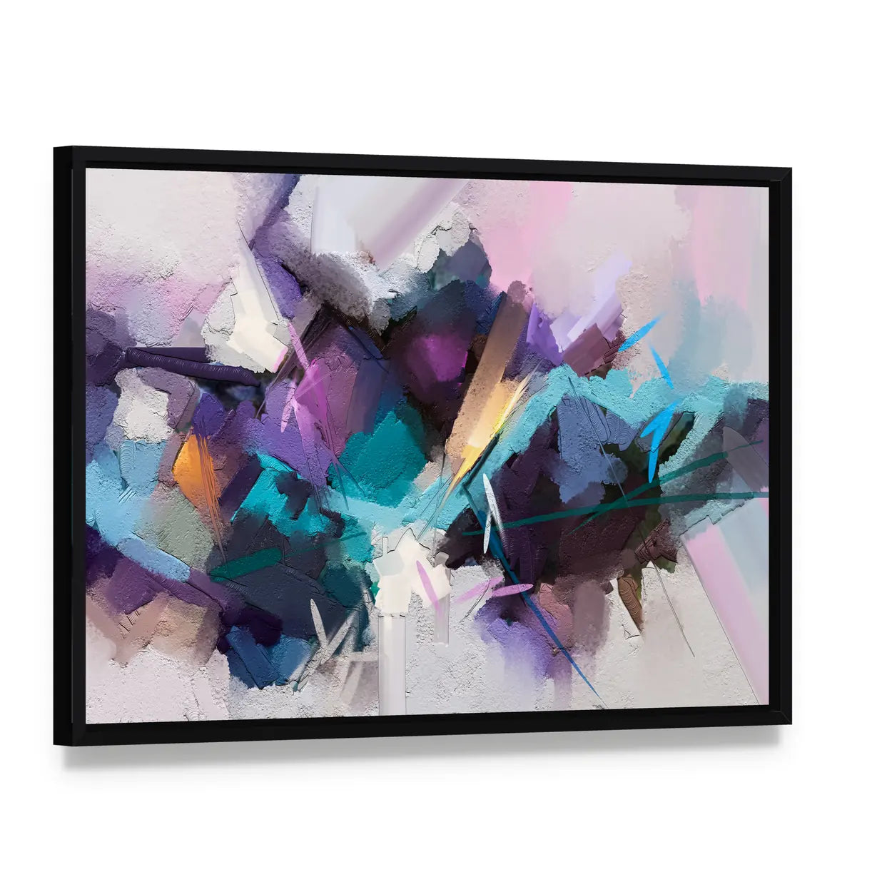 Textured Purple Geometric Abstract Canvas Wall Art, framed canvas in a black floater frame, angled product view