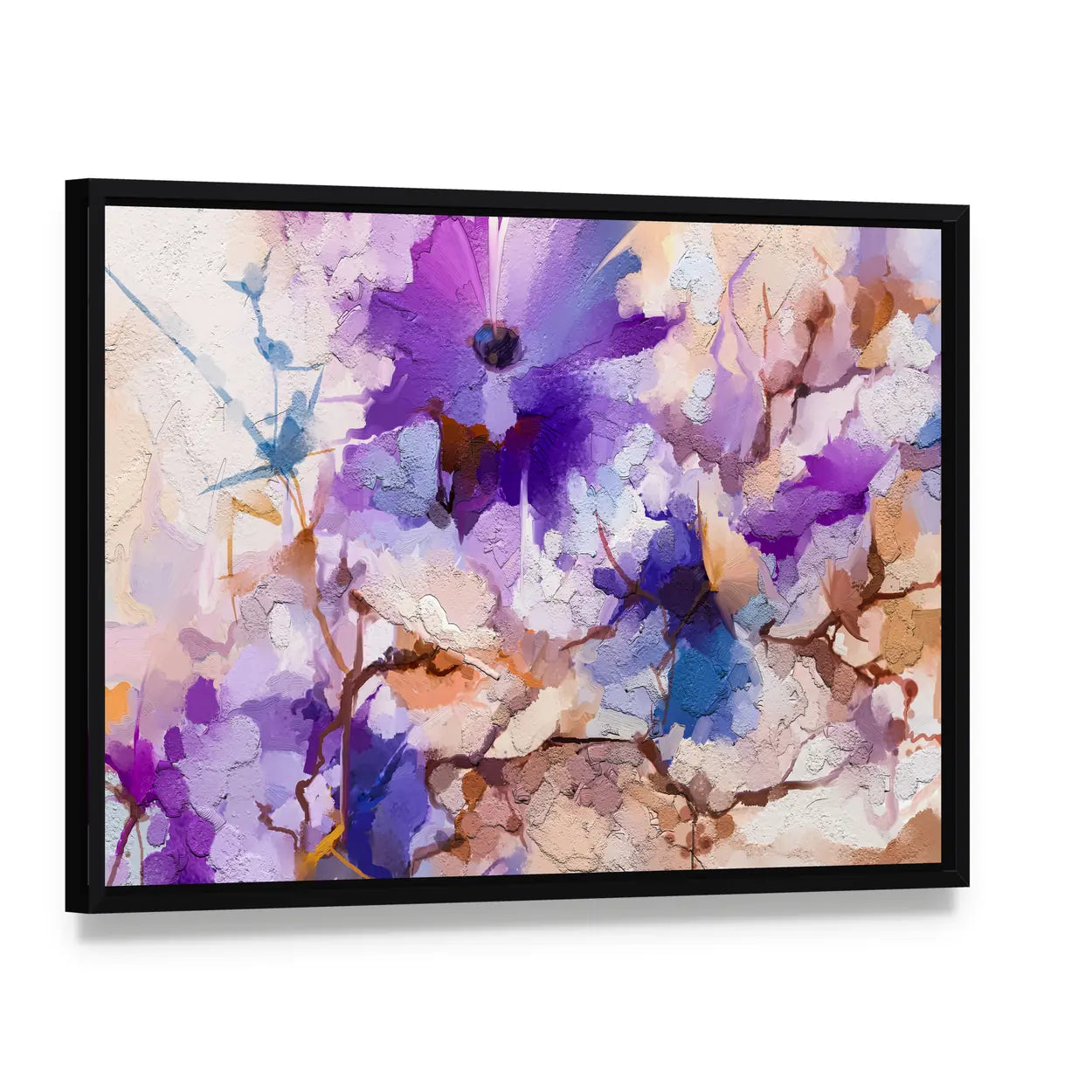 Oil Painted Spring Flowers Canvas Wall Art, framed canvas in a black floater frame, angled product view