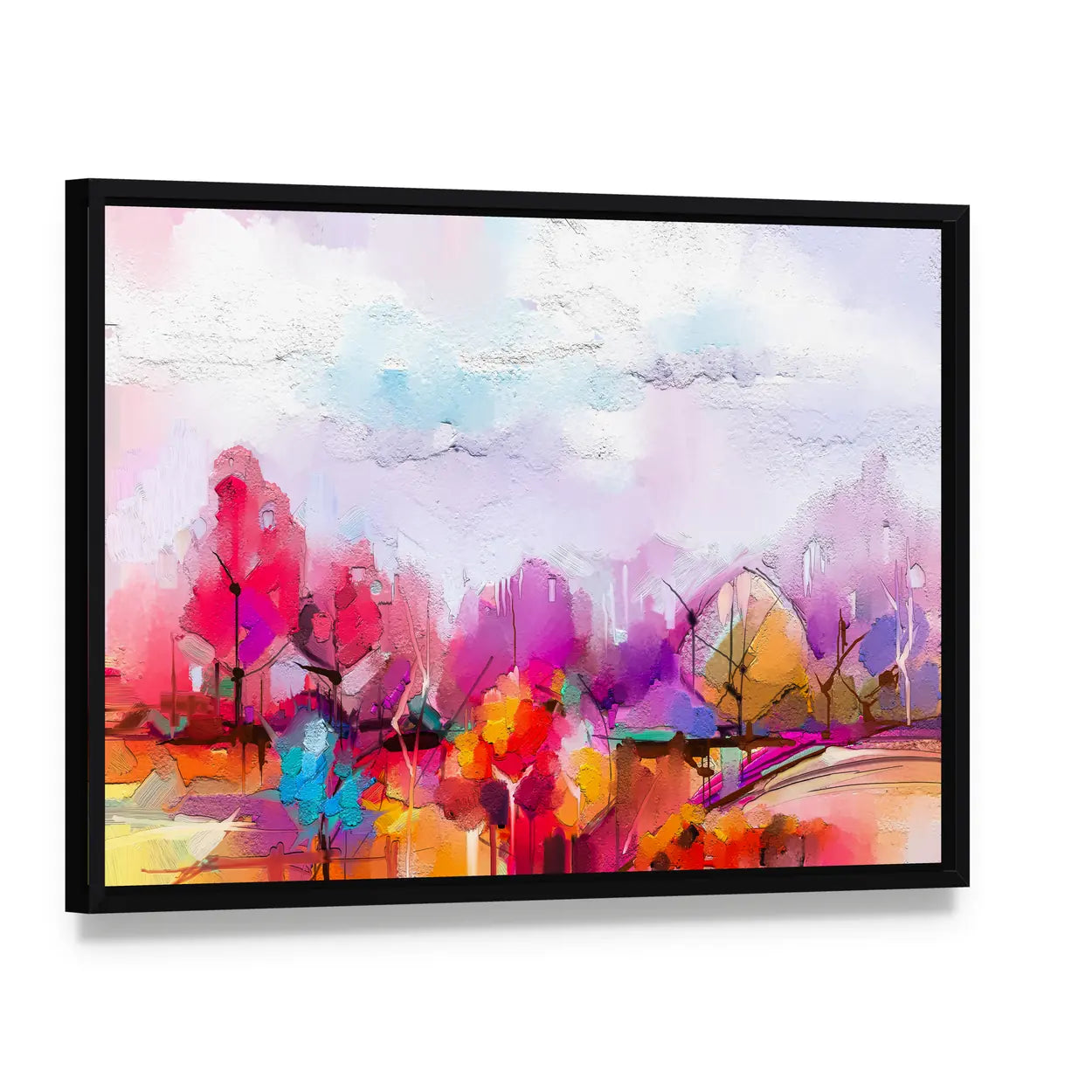 Oil-painted Abstract Trees Canvas Wall Art, framed canvas in a black floater frame, angled product view