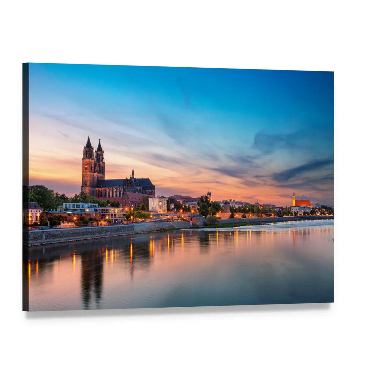 Magdeburg City And Elbe River At Sunset In Germany Canvas Wall Art, single panel gallery wrapped canvas, angled product view