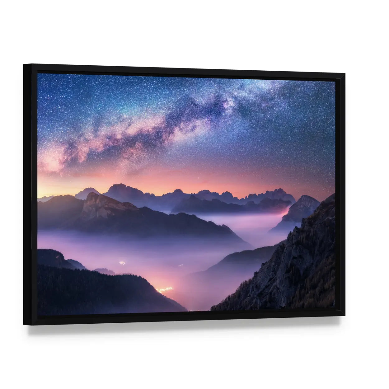 Milky Way Over Passo Giau, Dolomites Canvas Wall Art, framed canvas in a black floater frame, angled product view