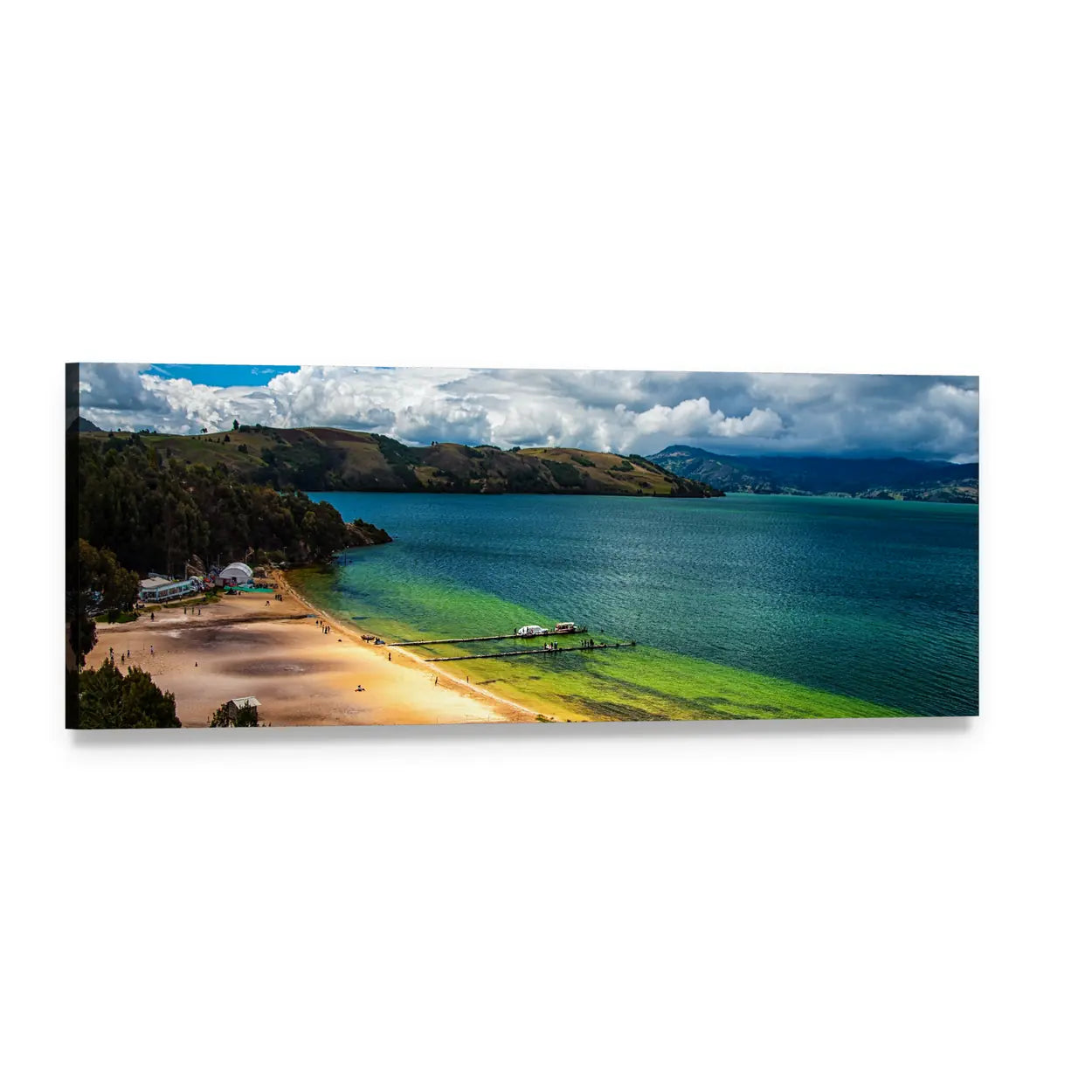Lake Tota Turquoise Bay and Lush Hills Panoramic Canvas Wall Art, single panel gallery wrapped canvas, angled product view