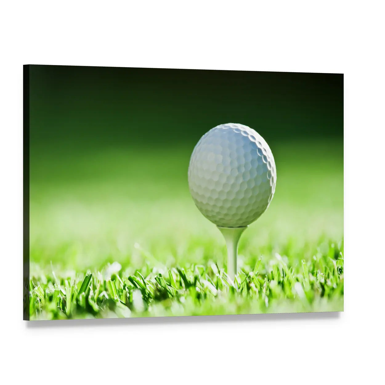 Dimpled Golf Ball on White Tee in Grass Canvas Wall Art, single panel gallery wrapped canvas, angled product view