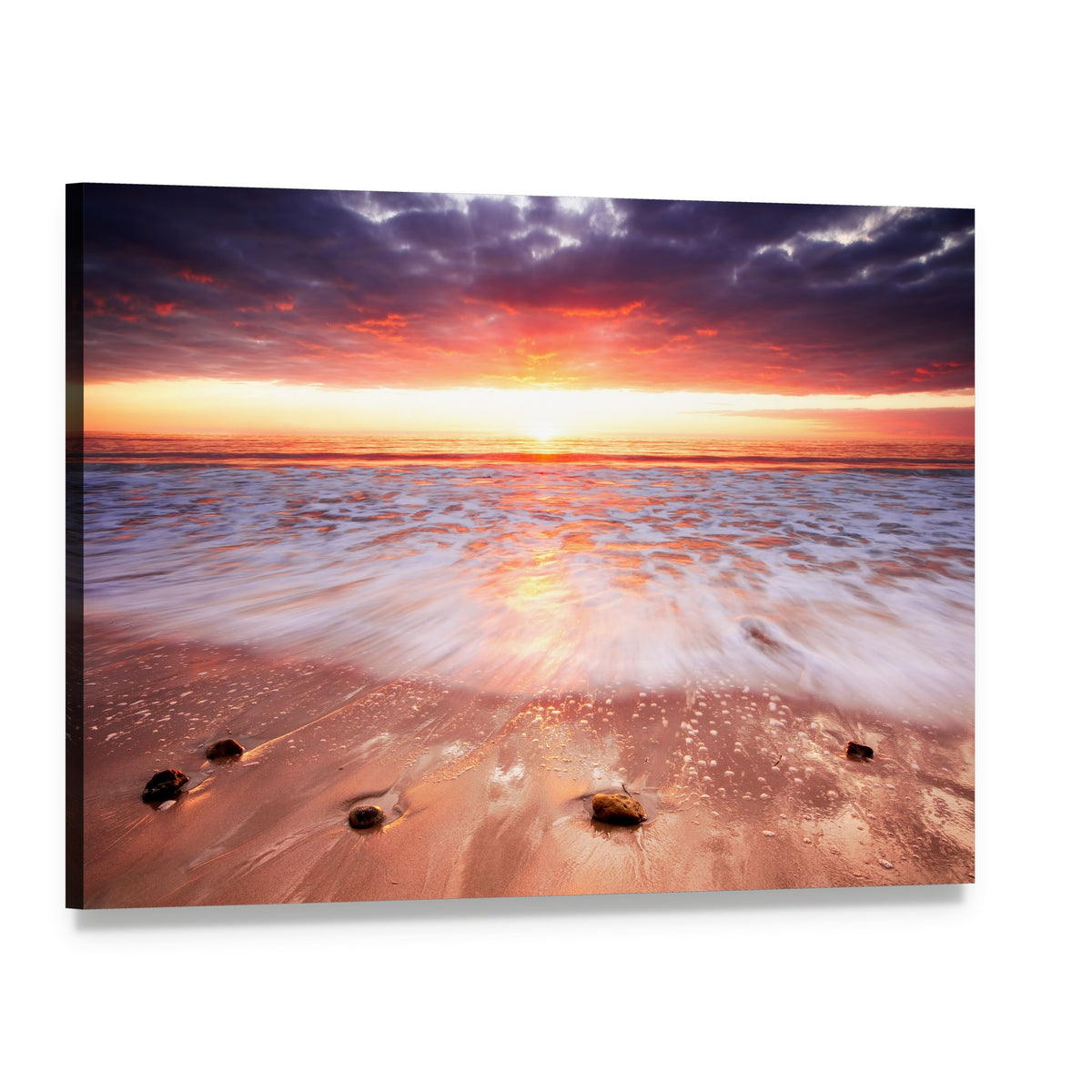 Sunset Over Surf with Rock Reflections Canvas Wall Art, single panel gallery wrapped canvas, angled product view