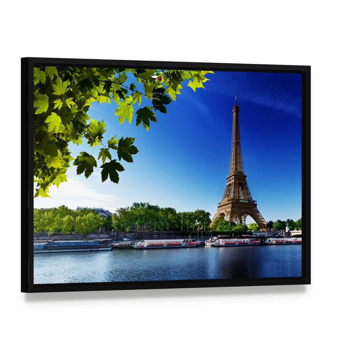 Eiffel Tower at Sunrise Canvas Wall Art, framed canvas in a black floater frame, angled product view