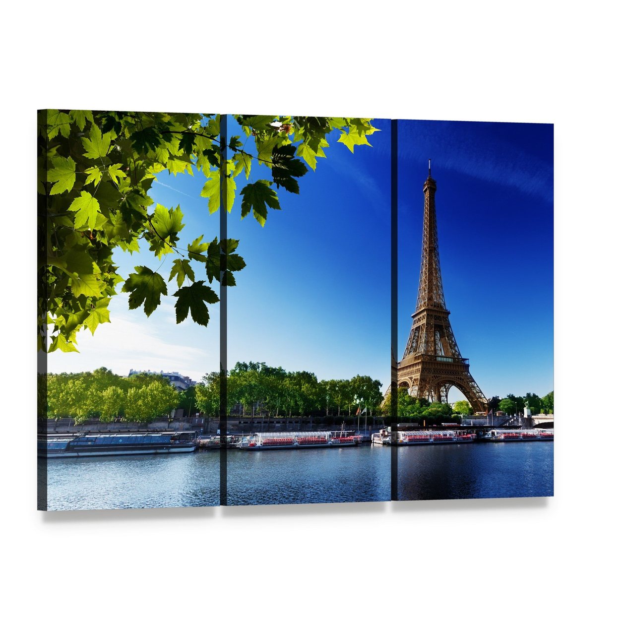 Eiffel Tower at Sunrise Canvas Wall Art, 3 panel 3 Horizontal layout gallery wrapped canvas set, angled product view