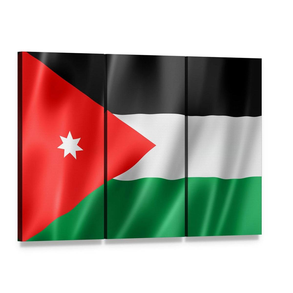 Waving Jordan Flag Canvas Wall Art, 3 panel 3 Horizontal layout gallery wrapped canvas set, angled product view