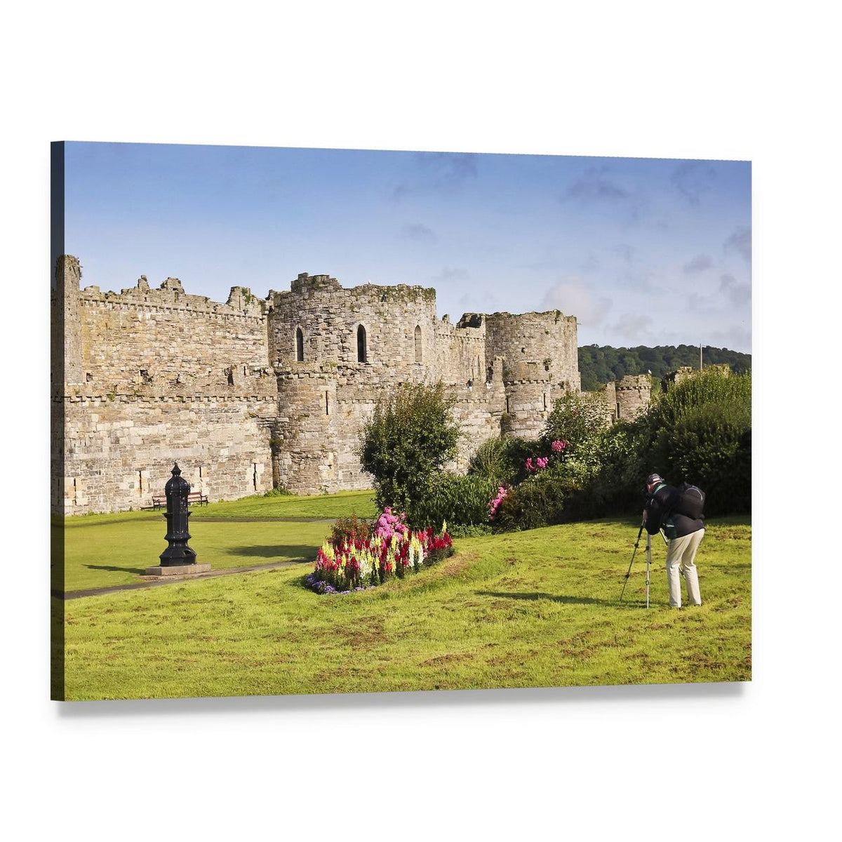 Beaumaris Castle Courtyard with Statue and Flowers Canvas Wall Art, single panel gallery wrapped canvas, angled product view