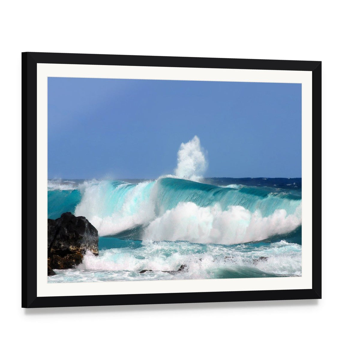 High Waves on Island Hawaii Canvas Wall Art, framed print with white mat and black frame, angled product view