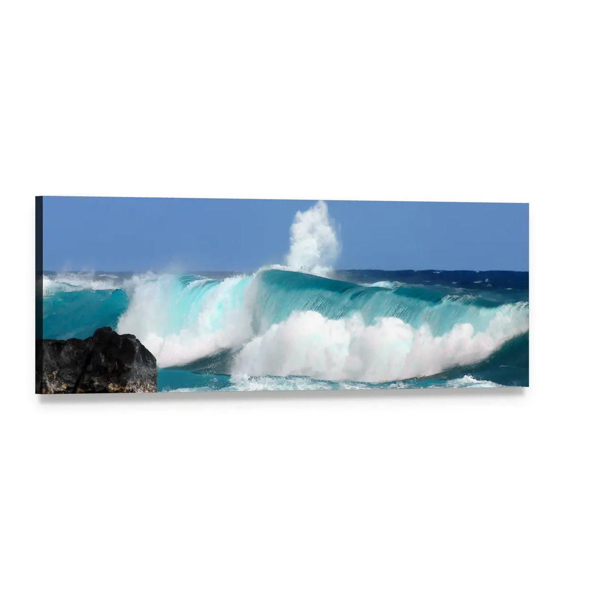Crashing Ocean Wave with Mist and Rocks Panoramic Canvas Wall Art, single panel gallery wrapped canvas, angled product view