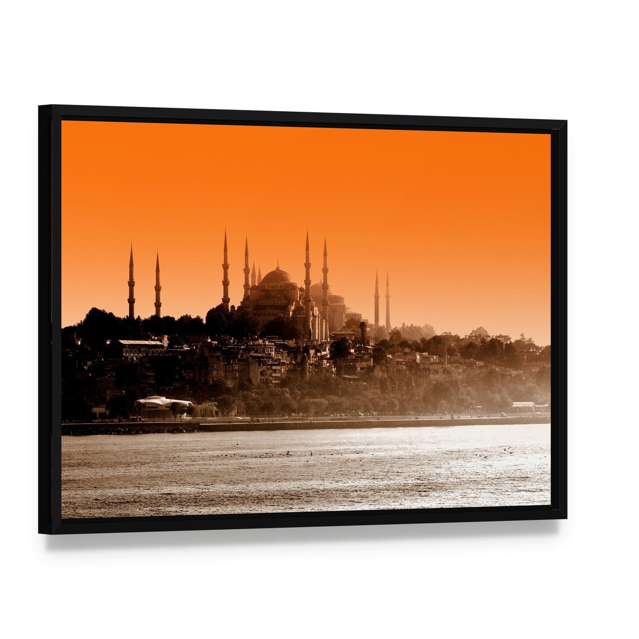 Sultan Ahmet Mosque at Sunset Canvas Wall Art, framed canvas in a black floater frame, angled product view