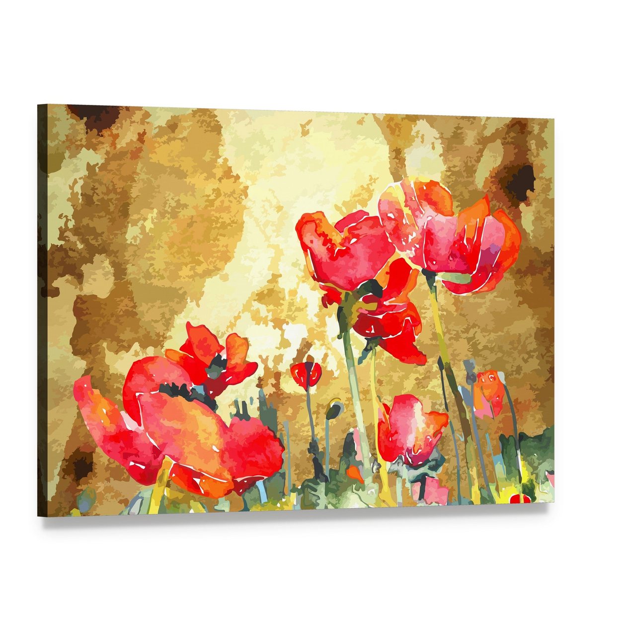 Watercolor Poppy Flower Canvas Wall Art, single panel gallery wrapped canvas, angled product view