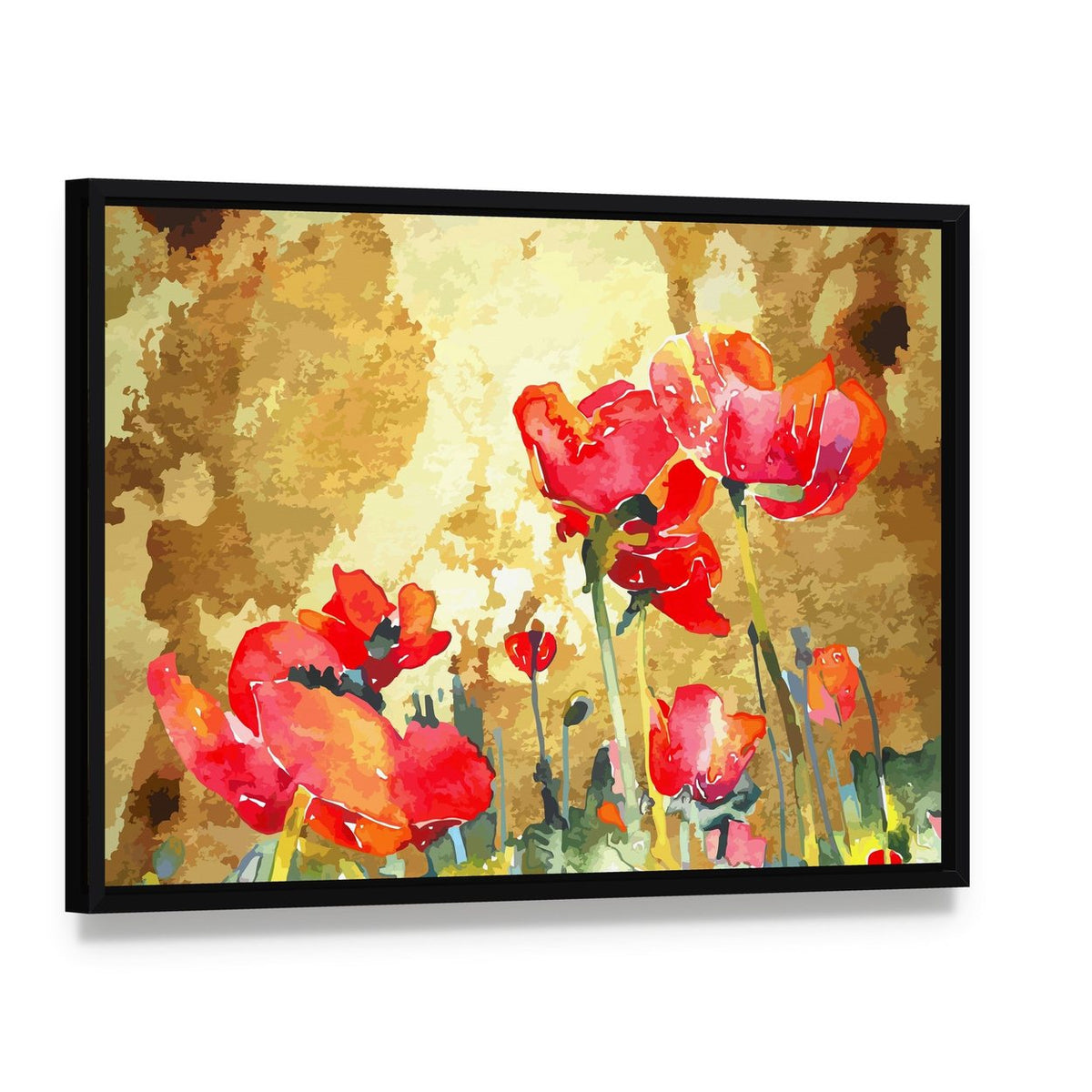 Watercolor Poppy Flower Canvas Wall Art, framed canvas in a black floater frame, angled product view