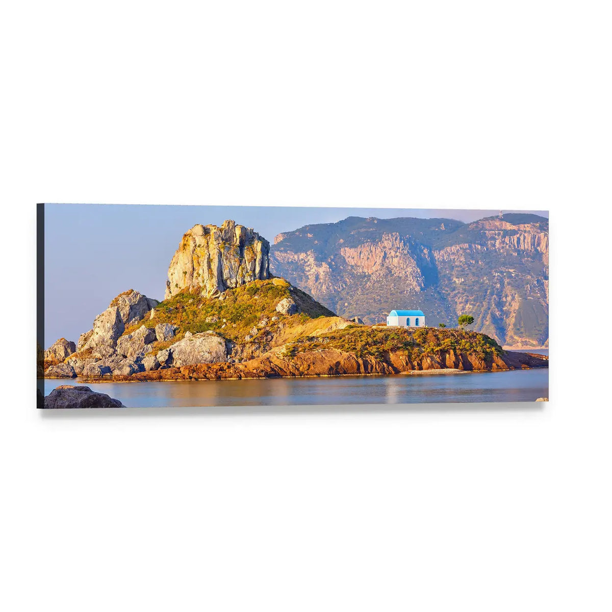 Little Island Kastri with White Chapel Panoramic Canvas Wall Art, single panel gallery wrapped canvas, angled product view