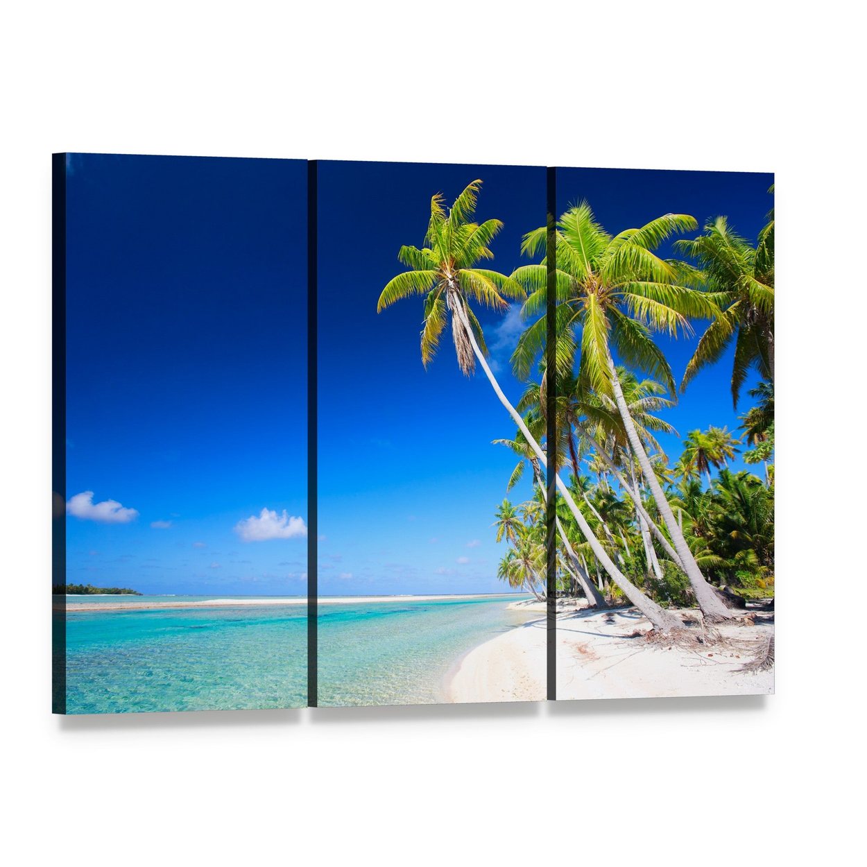French Polynesia Tropical Beach Canvas Wall Art, 3 panel 3 Horizontal layout gallery wrapped canvas set, angled product view