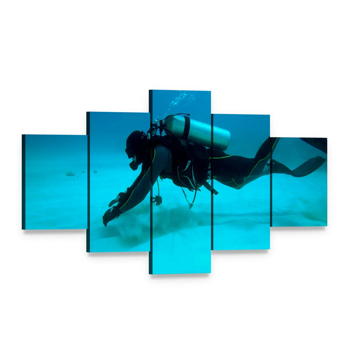 Diver Near Sandy Ocean Floor Canvas Wall Art, 5 panel 5 Star layout gallery wrapped canvas set, angled product view